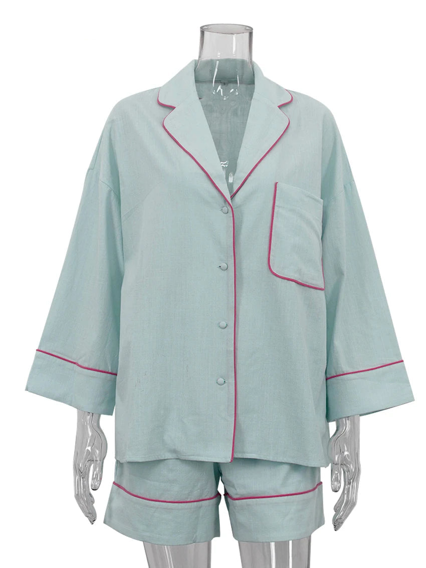 Cotton Long-Sleeve Shirt & High-Waist Shorts Set