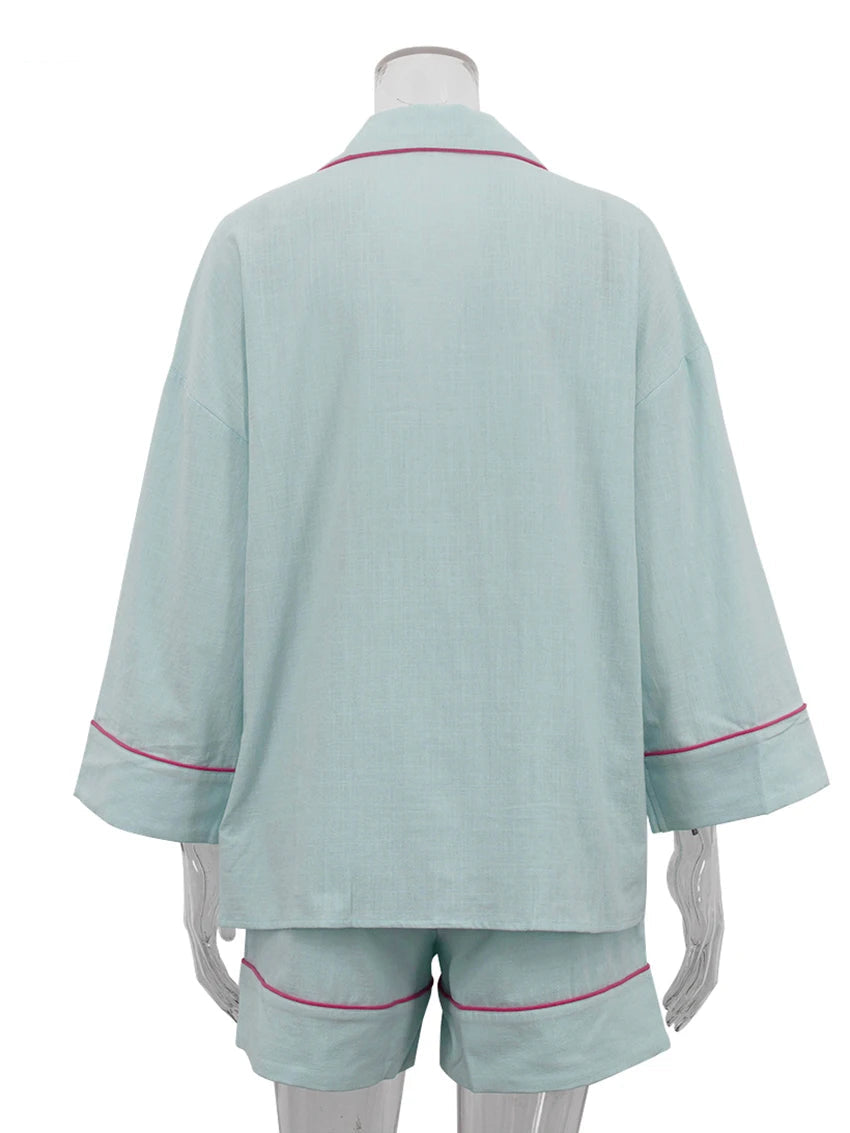 Cotton Long-Sleeve Shirt & High-Waist Shorts Set